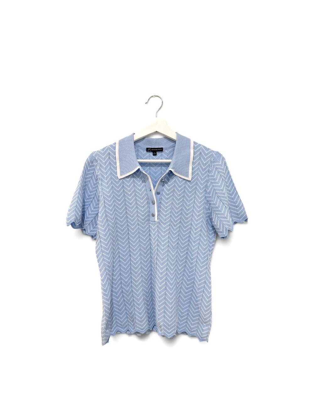 Adrianna Papell Sweater Womens Large Blue Herringbone Collared Short Sleeve